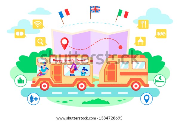 Vector Illustration Happy Family Travel Cartoon.\
Happy Parents with Children go on Family Van Motorhome. Advertising\
Poster for Rental Vehicles for Comfortable Trip with Children in\
Europe.