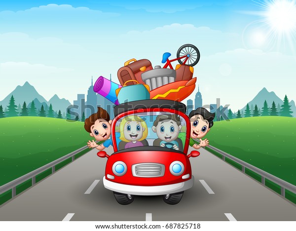 Vector illustration of Happy family traveling with\
red car