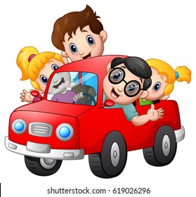 vector illustration of Happy family travelling with a car