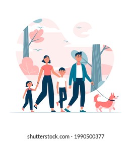 Vector illustration. Happy family with two kids walking dog on leash in the park