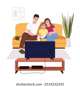 Ilustración vectorial de una familia feliz viendo la televisión. Escena de dibujos animados de un hombre, esposa y niña sonrientes y alegres sentados en una habitación en un sofá frente a un televisor, una mesita de noche, un jarrón, carteles en la pared.