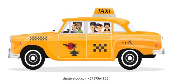 Vector illustration of happy family which going to go on a retro taxi on holiday. Black Taxi Driver and family in a taxi on a white isolated background.