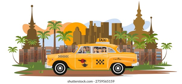 Vector illustration of happy family which going to go on a retro taxi on holiday. Black Taxi Driver and family in a taxi on a white isolated background.