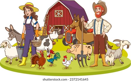 vector illustration of happy farmer family and farm animals