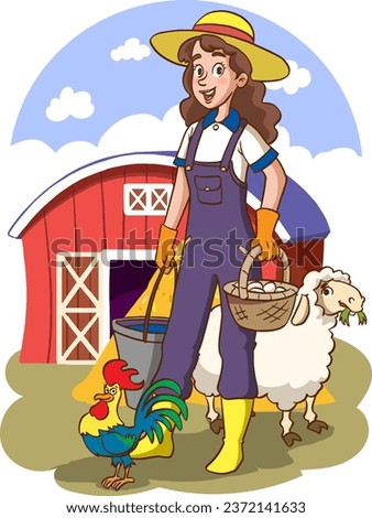 vector illustration of happy farmer family and farm animals