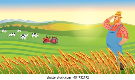 Ilustração vetorial da colheita do agricultor feliz no campo