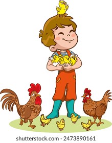 Ilustración vectorial de niños agricultores felices con animales de granja en la granja.