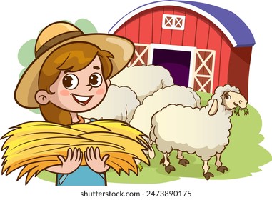 Vector illustration of happy farmer kids with farm animals on the farm.