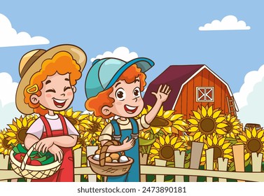 Vector illustration of happy farmer kids with farm animals on the farm.