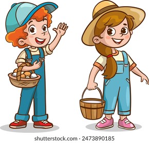 Vector illustration of happy farmer kids with farm animals on the farm.