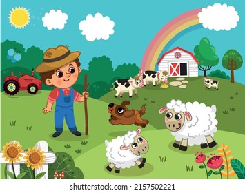 Vector illustration of a happy farmer looking around with his animals on his farm.
