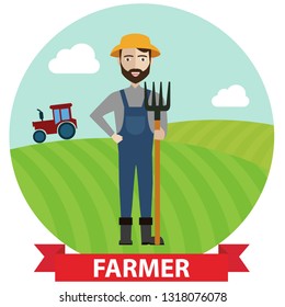 Vector illustration of an happy Farmer standing with his digging fork on field.