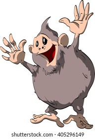 Vector illustration of a happy, fat, cartoon monkey, cheering with hands in the air