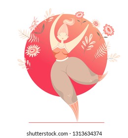Vector illustration of happy fat dancing girl with flowers around. Round gradient background