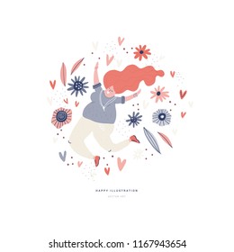 Vector illustration of happy fat woman jumping with flowers around and place for your text