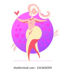 Vector illustration of happy fat woman with heart. Round gradient background