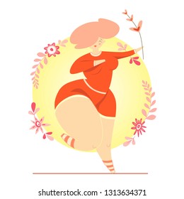 Vector illustration of happy fat woman jumping with flowers around. Round gradient background