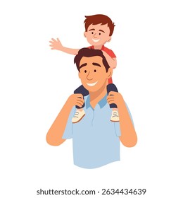 Vector illustration of happy father carrying his smiling son on his shoulders. Family bonding moment full of joy and love. Perfect for Father's Day cards, parenting themes and family design projects