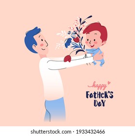 Vector Illustration Of Happy Father Holding Baby Son In His Arms and Receiving Flowers from him.  Happy Father`s Day Greeting Card.