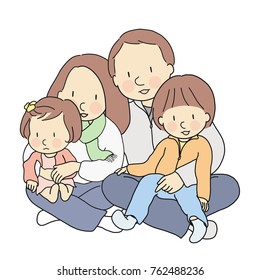 Vector illustration of happy father, mother, son & daughter sitting together. Kids sitting on parents' lap. Dad and mom holding and hugging baby. Family day, parenthood, childhood development concept.