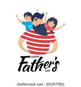 Vector illustration, happy father with a son and a daughter. Happy Father's day card design.