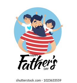 Vector illustration, happy father with a son and a daughter. Happy Father's day card design.