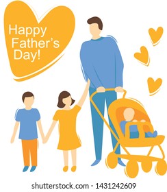 Vector Illustration, Happy Father With A Son And Daughter. Happy Father's Day Greeting Card . Swing Flat Design Isolated Family  Set Father Child Kid Baby Carriage Pram Children Brother Sister Dad