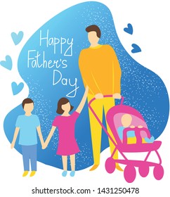 Vector Illustration Happy Father Son Daughter Happy Father's Day Greeting Card  Swing Flat Design Isolated Family  Set Father Child Kid Baby Carriage Pram Children Brother Sister Dad Flat Design