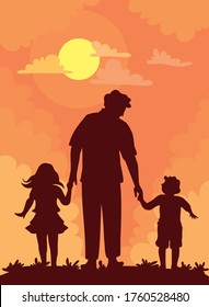 Ilustración vectorial, padre feliz con un hijo y una hija. silueta que mira la puesta de sol en el cielo. Diseño de tarjetas del día del Padre Feliz.