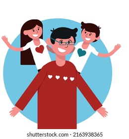  Vector illustration, happy father with a son and daughter. Happy Father's Day card design.