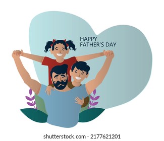Vector illustration, happy father with a son and daughter. Happy Father's Day card design.
