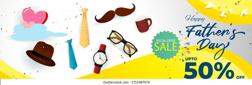 vector illustration for Happy fathers day sale / offer banner with theme icons & symbols-paper cut effect