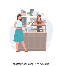 Vector illustration of happy female customer paying for hot drink to go with credit card while visiting cozy coffee house with friendly barista. Flat style cartoon character