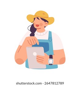 Vector illustration of happy female farmer wearing hat, holding a notebook digital device while observing her farmland. Rural innovation and smart farming by women, future and remote farming