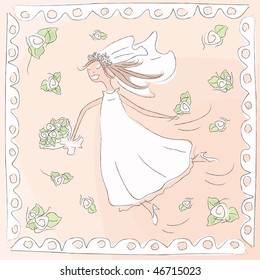 vector illustration with happy flying bride with her bouquet and flying roses