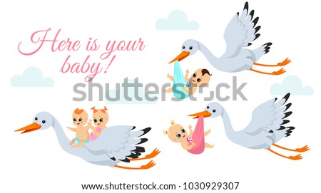 Vector illustration of happy flying storks with newborn babys. Stork birds carrying babyboy and babygirl in bags in cartoon flat style.