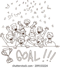 Vector illustration of happy football supporters in doodle style