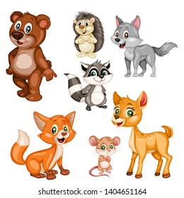 Vector Illustration of a Happy Fox,  Bear, Deer, Wolf, Hedgehog, Raccoon, Mouse, Nightingale. Cute Cartoon Forest Animals Isolated on a White Background. Happy Animals Set