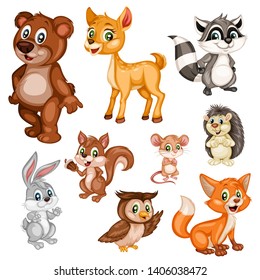 Vector Illustration of a Happy Fox, Rabbit, Bear, Deer, Hedgehog, Owl, Raccoon, Squirrel, Mouse, Nightingale. Cute Cartoon Forest Animals Isolated on a White Background. Happy Animals Set