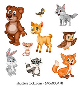 Vector Illustration of a Happy Fox, Rabbit, Bear, Deer, Wolf, Hedgehog, Owl, Raccoon, Squirrel, Mouse, Nightingale. Cute Cartoon Forest Animals Isolated on a White Background. Happy Animals Set