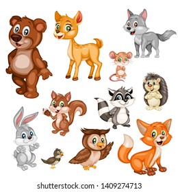 Vector Illustration of a Happy Fox, Rabbit, Bear, Deer, Wolf, Hedgehog, Owl, Raccoon, Squirrel, Mouse, Nightingale. Cute Cartoon Forest Animals Isolated on a White Background. Happy Animals Set