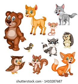 Vector Illustration of a Happy Fox, Rabbit, Bear, Deer, Wolf, Hedgehog, Owl, Raccoon, Squirrel, Mouse, Nightingale. Cute Cartoon Forest Animals Isolated on a White Background. Happy Animals Set