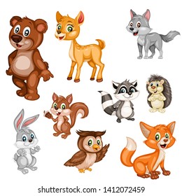 Vector Illustration of a Happy Fox, Rabbit, Bear, Deer, Wolf, Hedgehog, Owl, Raccoon, Squirrel, Mouse, Nightingale. Cute Cartoon Forest Animals Isolated on a White Background. Happy Animals Set