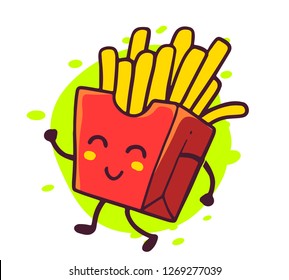 Vector illustration of happy french fries character on white background. Yellow french fries in red box. Line art style design for web, poster, banner, print