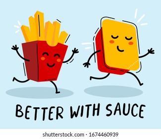 Vector illustration of happy french fries with sauce play catch-up on blue background. Flat line art style design 