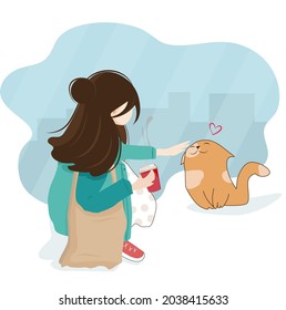 Vector illustration Happy friends girl and cat