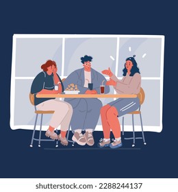 Сartoon vector illustration of Happy friends spend time together. Party or meeting at cafe, bar or with a delivery. Man and woman group, drinking or eating in caffee over dark backround