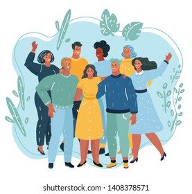 Vector illustration of Happy friendship day friend group of people hugging together for special event celebration. People standing together. Team, coworkers, friends or relatives.