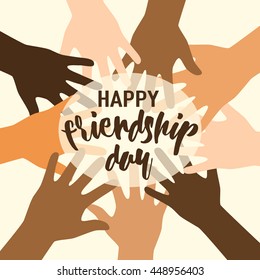 Vector illustration of happy friendship day felicitation with people hands in flat simple style