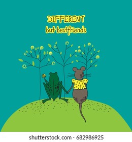 Vector illustration of Happy Friendship Day with lettering slogan: "Different but best friends"